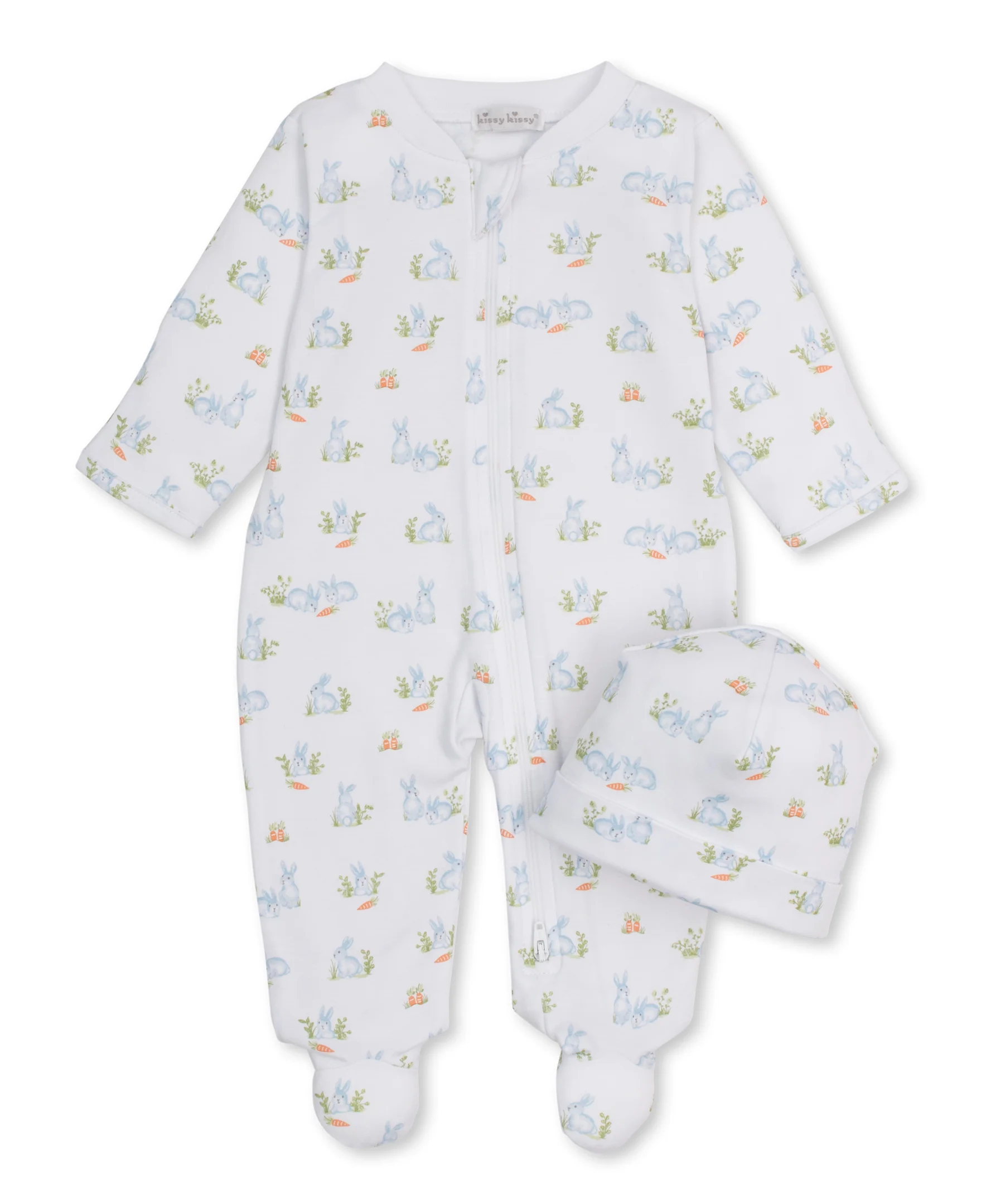 Baby Bunny Patch Blue Zip Footie & Hat Set