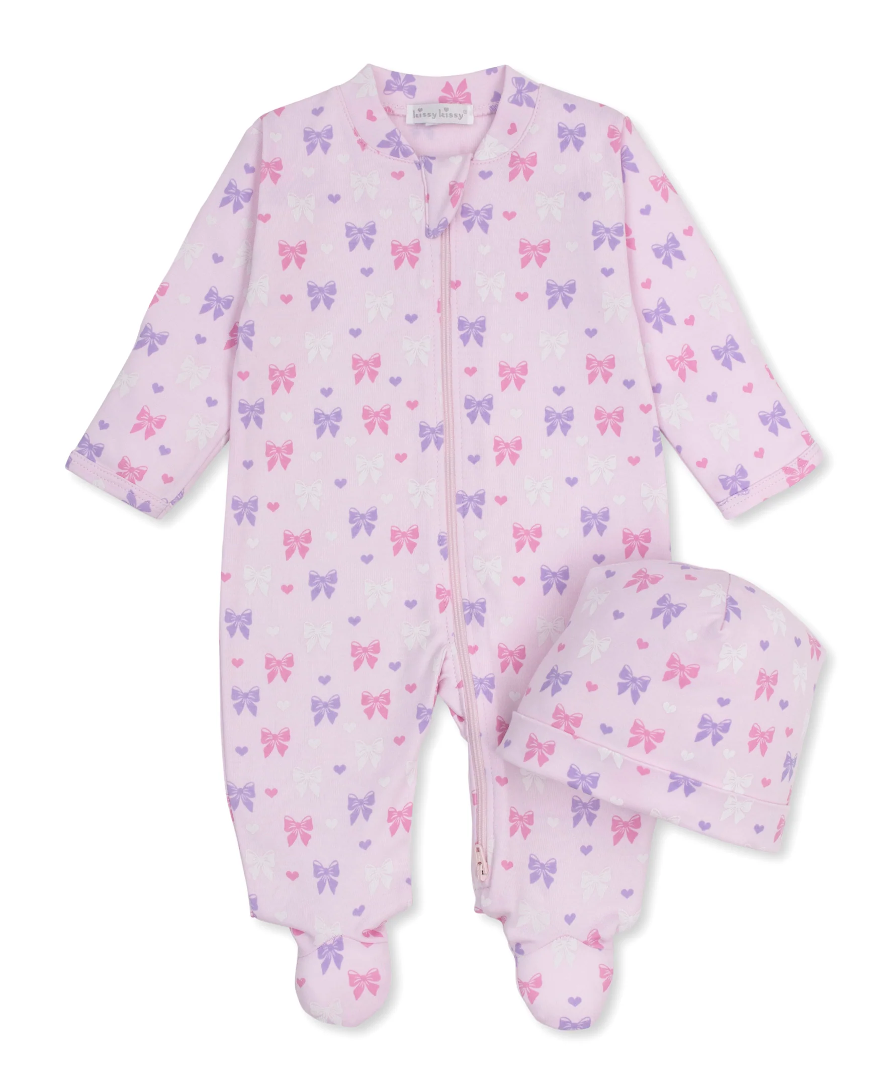 Billowy Bows Pink Zip Footie & Hat Set