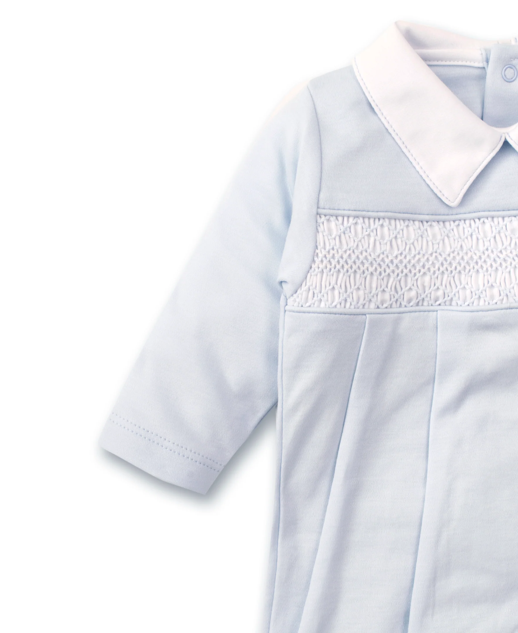 Hand Smocked CLB Charmed Blue Footie with Collar - Image 3