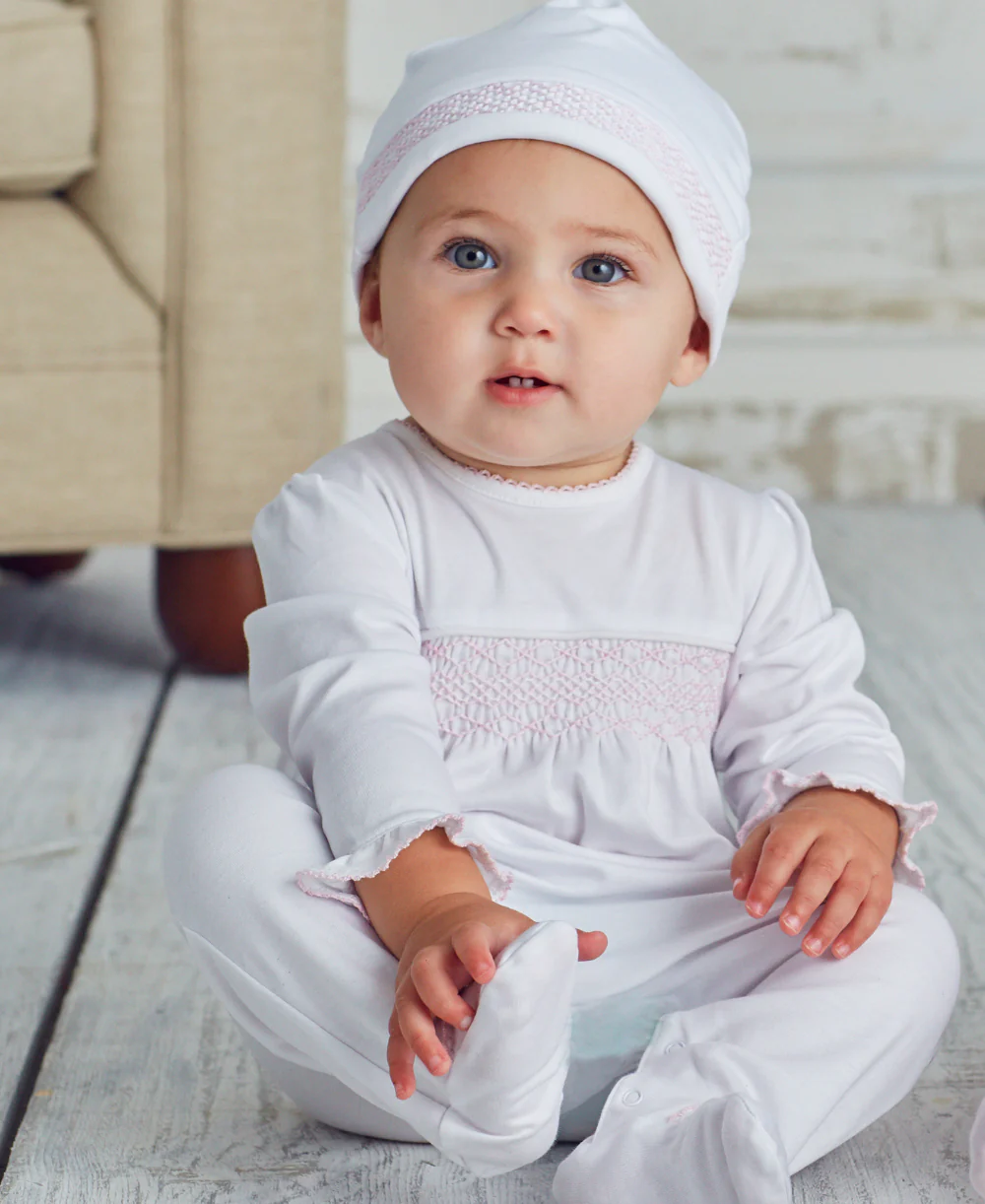 Hand Smocked CLB Charmed White/Pink Footie