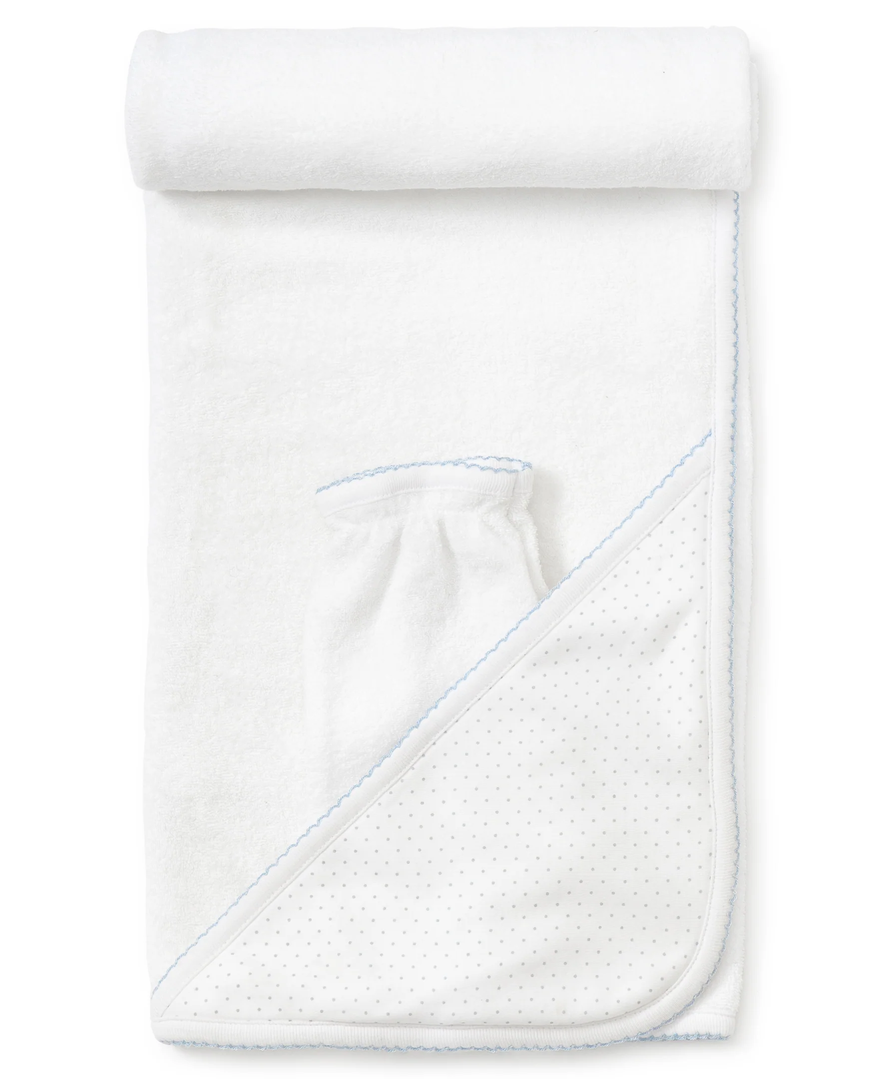White/Blue New Kissy Dots Hooded Towel & Mitt Set