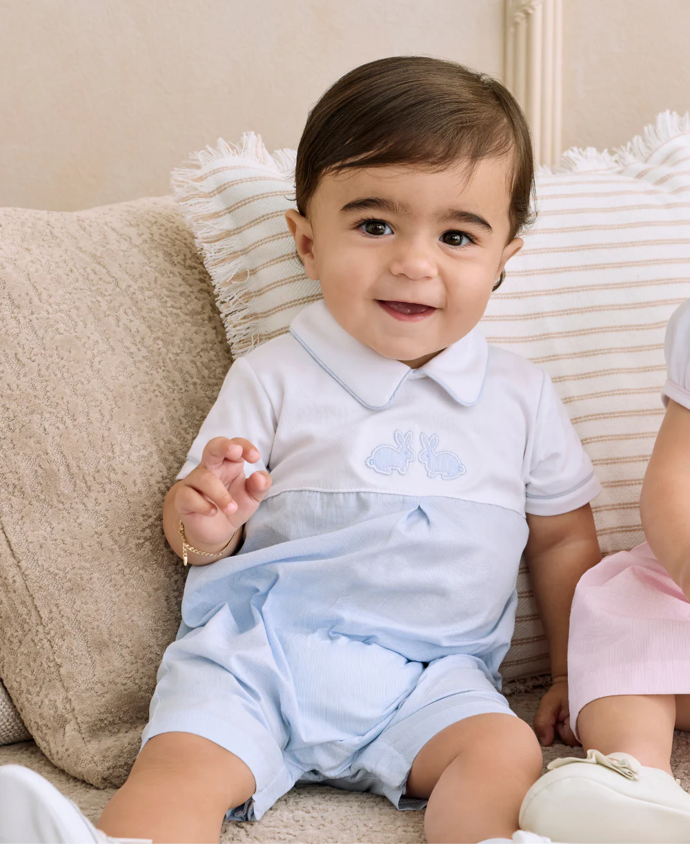 Pique Twin Bunnies Blue Woven Gingham Short Playsuit