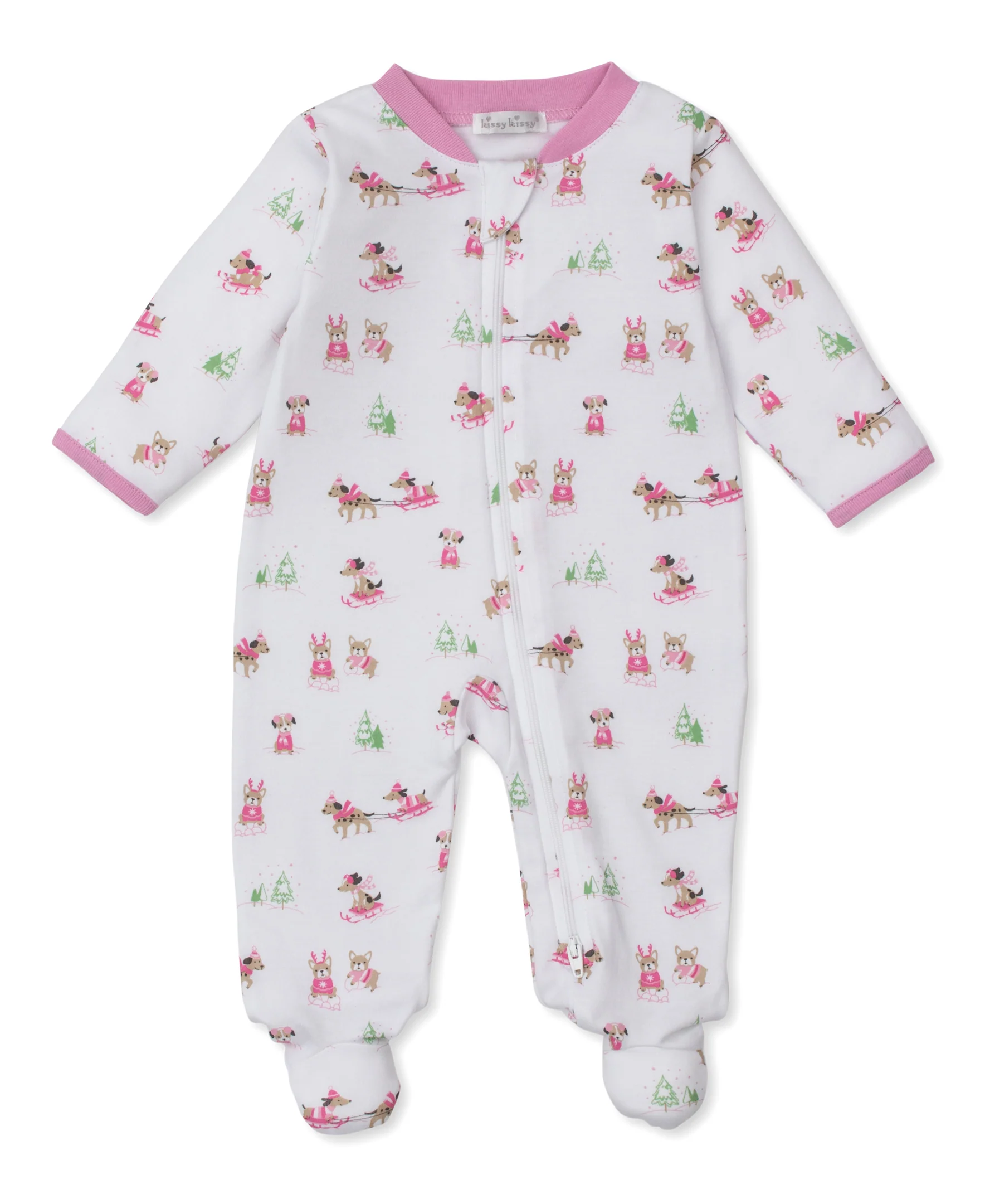 Puppy's Sleigh Riding Fun Pink Zip Footie