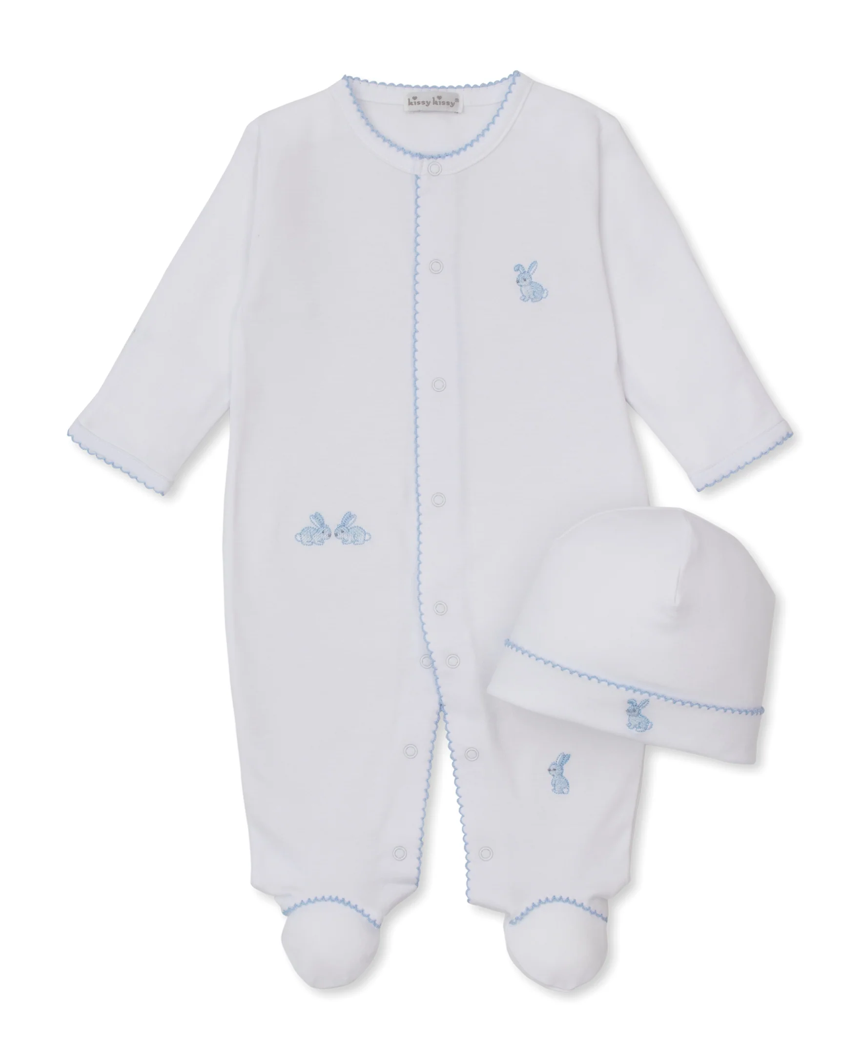 Springtime Bunny Fun White/Blue Footie & Hat Set - Image 3
